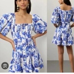 Caroline Constas white blue linen blend Garden tile Farm mini dress Sz 6 Party